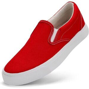 Women's Red White Classic Casual Fashion Slip On Canvas Sneakers Loafers Shoes